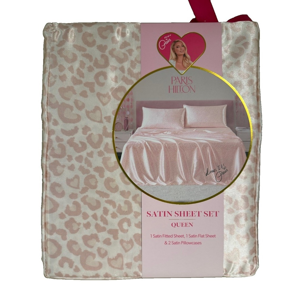 Paris Hilton Queen Satin Sheet Set Pink Leopard Print 4 Pc New